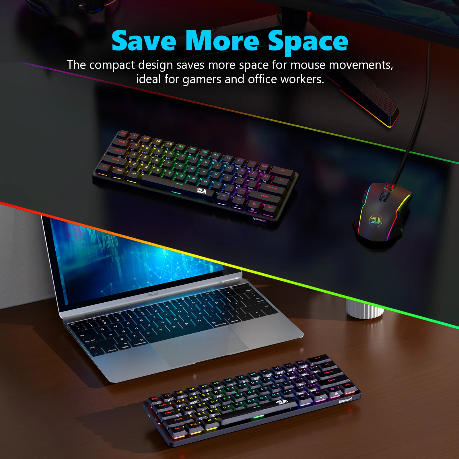 Redragon K615P-KBS Elise Pro RGB Mechanical Keyboard Wireless Bluetooth Tri-Mode Ultra-Thin Low Profile Blue Switch