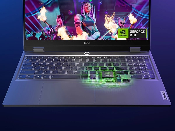 Lenovo LOQ 15IAX9 gaming laptop – front closeup of keyboard with x-ray view of NVIDIA GeForce RTX GPU inside