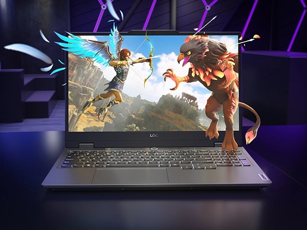 Lenovo LOQ 15IAX9 gaming laptop – front view, lid open, with game scene on the display and fighting characters seeming to pop out of the display