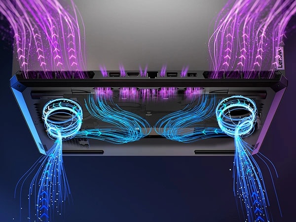 Lenovo LOQ 15IAX9 gaming laptop – left-rear and bottom view, with colored lines illustrating heat expulsion